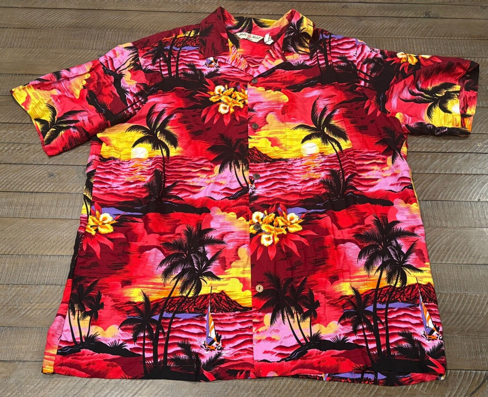 Hula Hula Hawaiian Shirt Fuchsia Black/Red/Yellow Palm Trees Tropical Rayon- 2XL